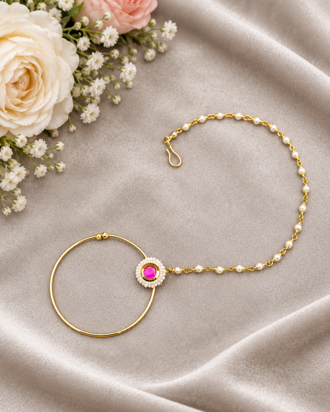 Traditional Stone & Pearl Studded Hoop Nath with Pearl Beaded Chain