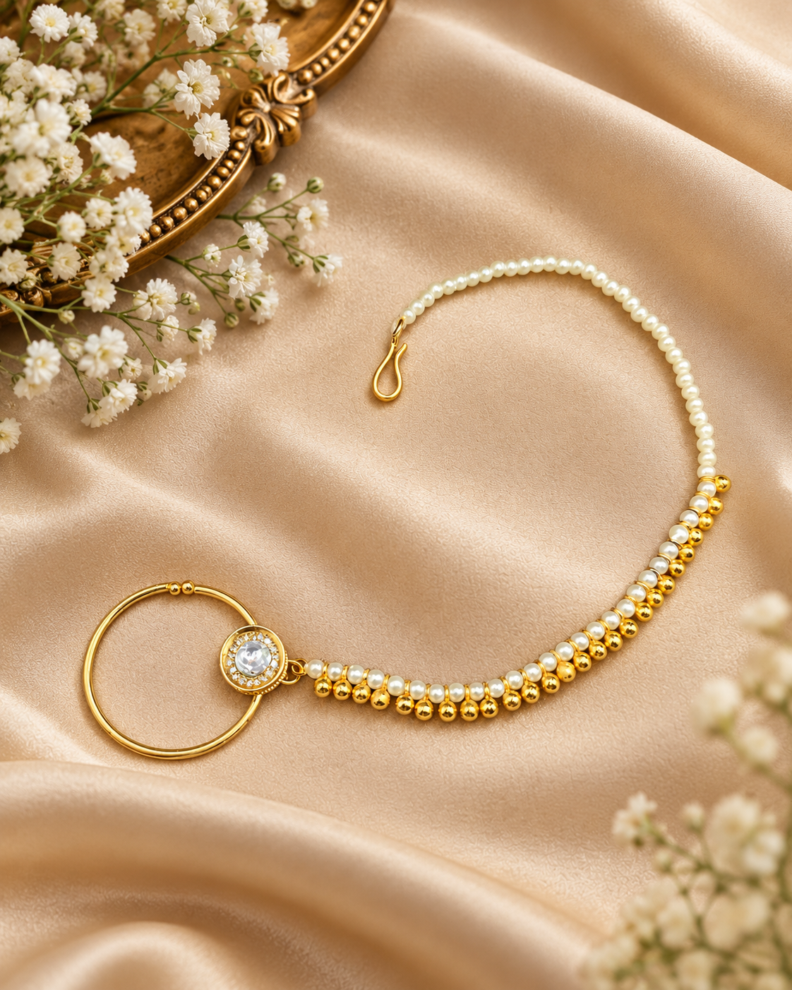 Traditional Stone-Studded Nath Ring with Pearl Support Chain