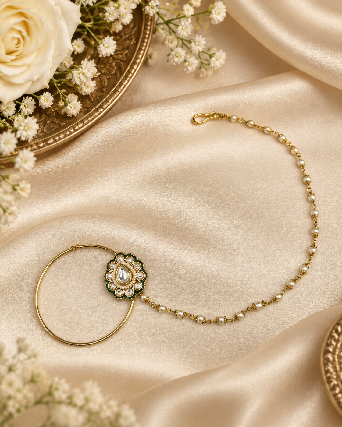 Floral Cabochon Nath with Beaded Pearl Chain