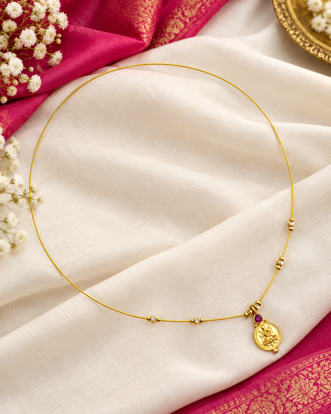 Invisible Wire Lakshmi Coin Pendant Necklace with Gold Bead Accents