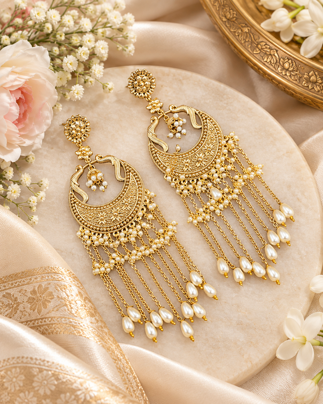 Peacock Motif Chandbali Earrings with Tassel Chains