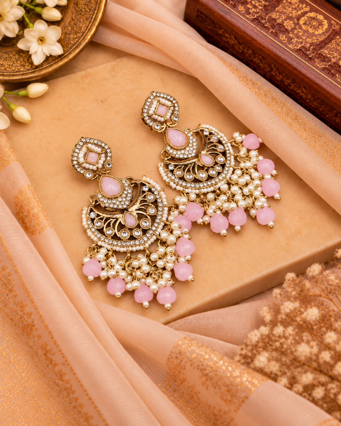 Statement Chandbali Earrings with Pearl & Bead Drops