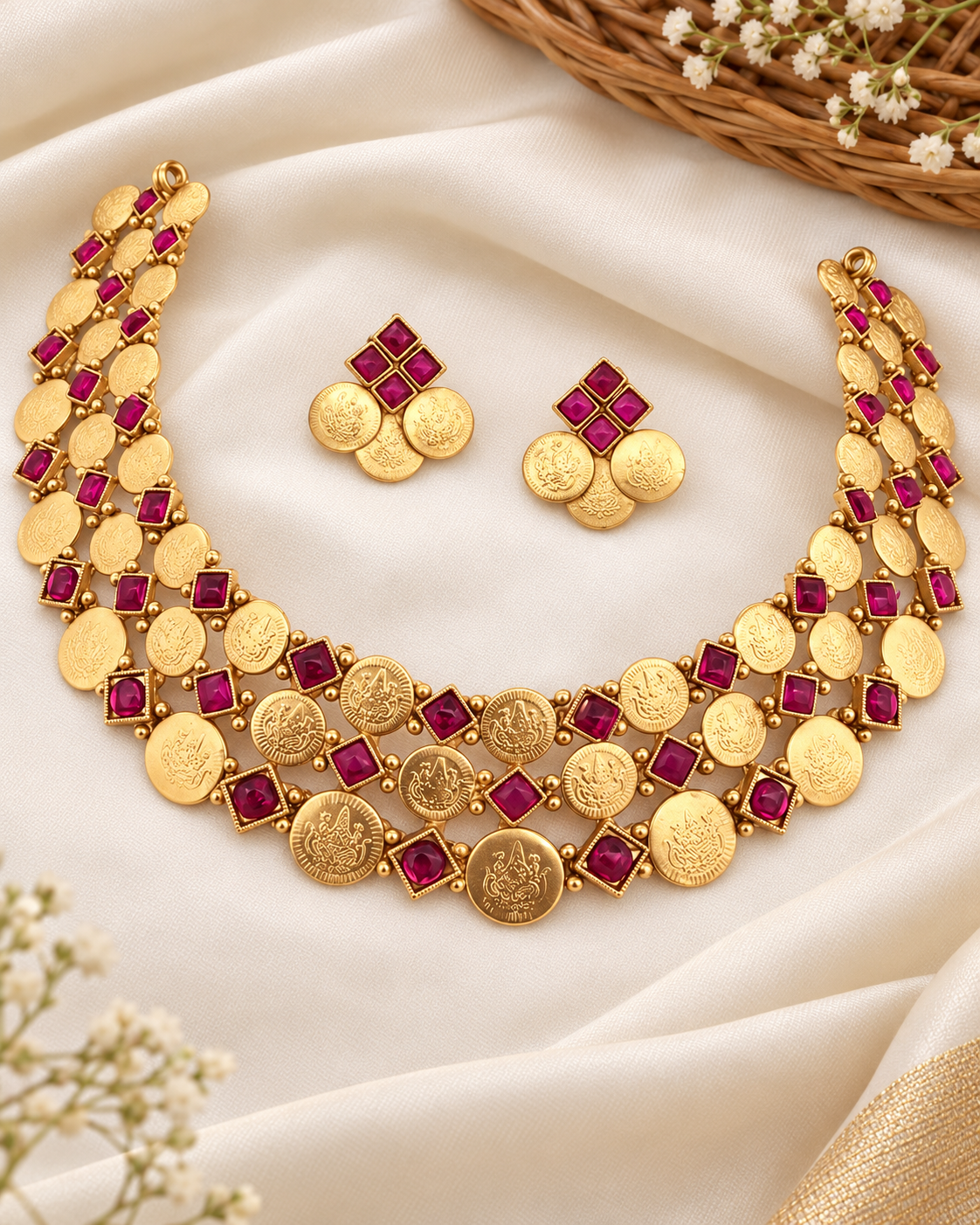Triple Layer Lakshmi Coin Choker Set with Ruby Pink Kemp Stones