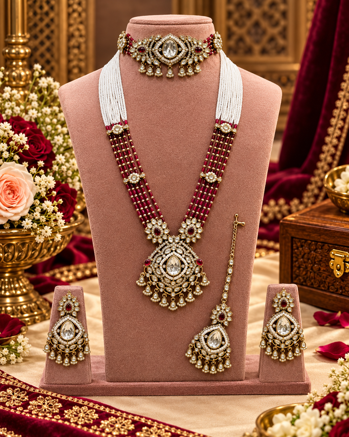 Kundan Bridal Jewelry Set with Choker, Rani Haar, Earrings & Maang Tikka