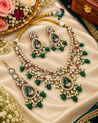 Handcrafted Kundan Layered Necklace Set with Earrings & Maangtikka