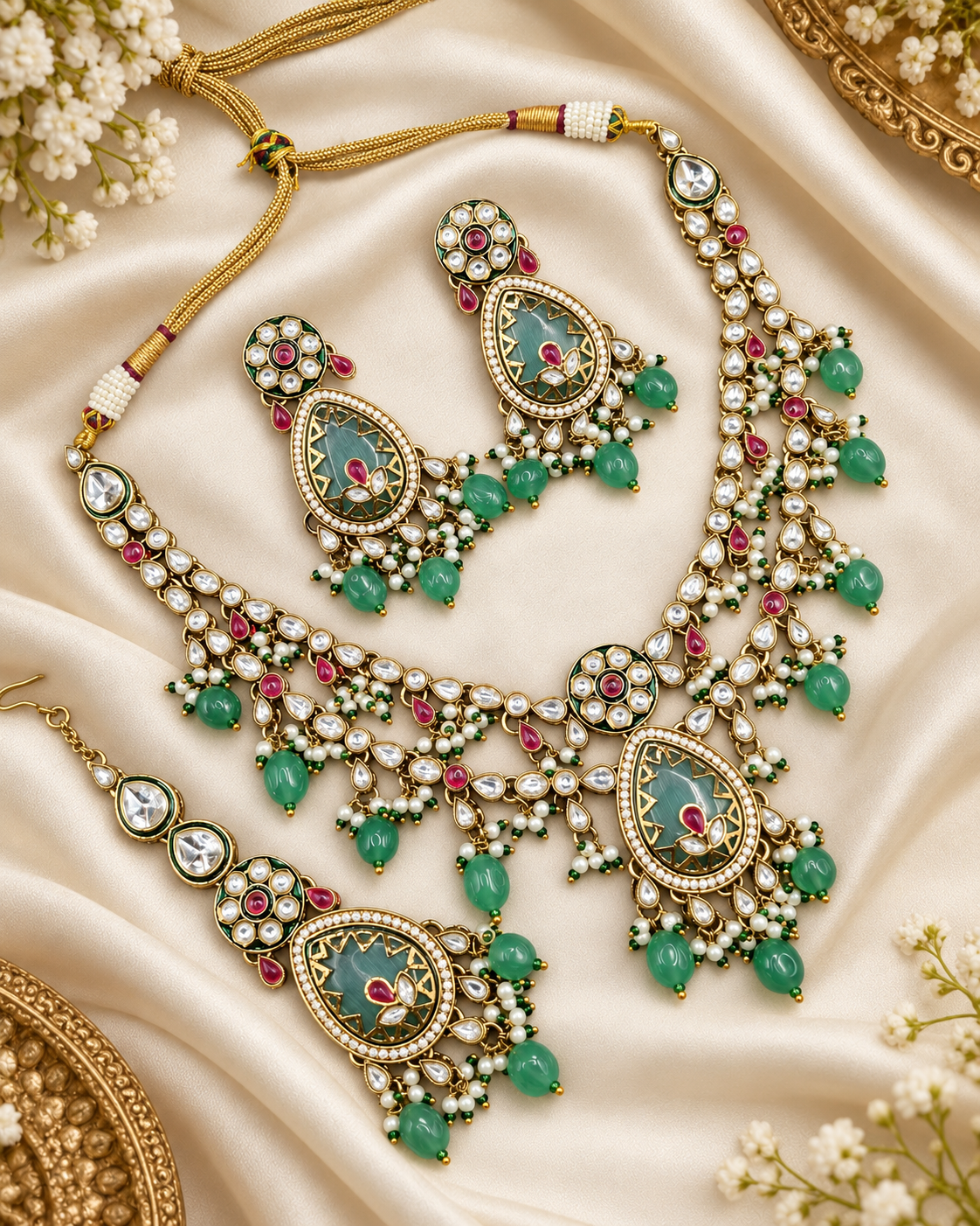 Handcrafted Kundan Layered Necklace Set with Earrings & Maangtikka