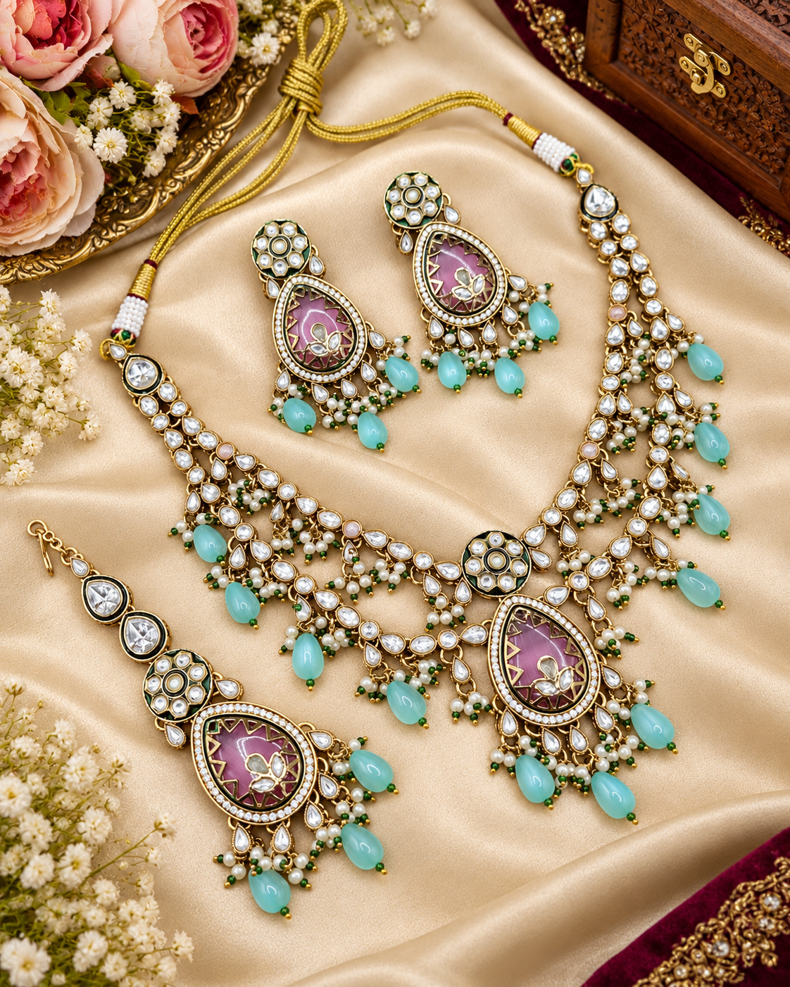 Handcrafted Kundan Layered Necklace Set with Earrings & Maangtikka