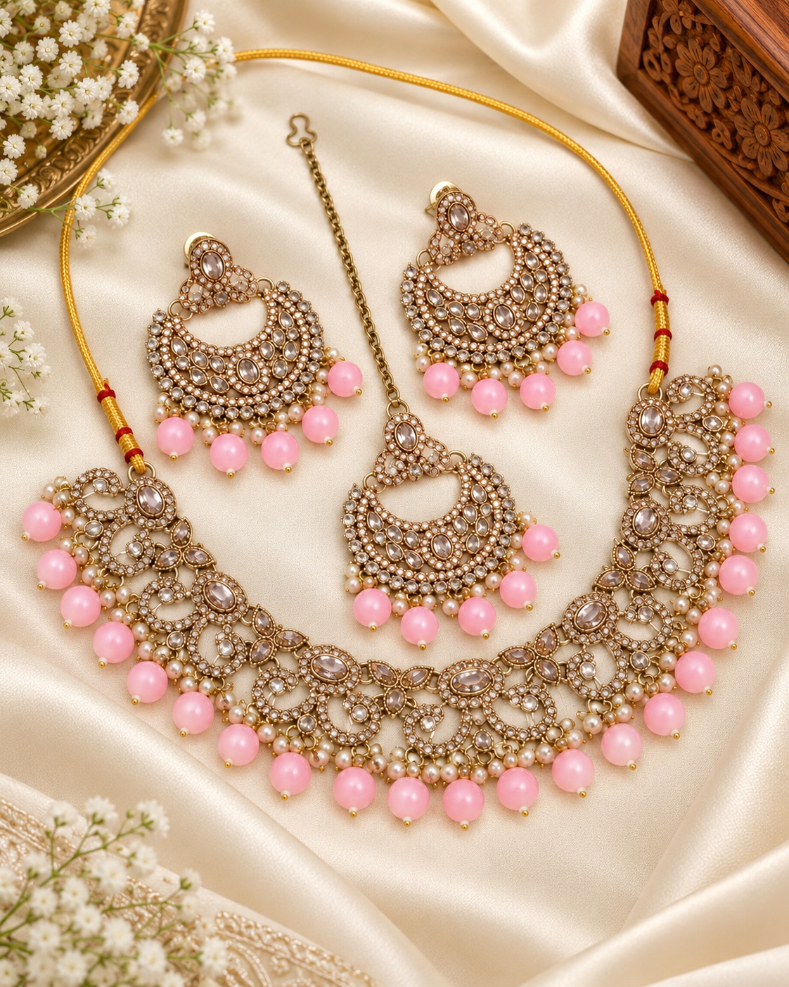 Antique Gold Cubic Zirconia Choker Set with Earrings & Maang Tikka