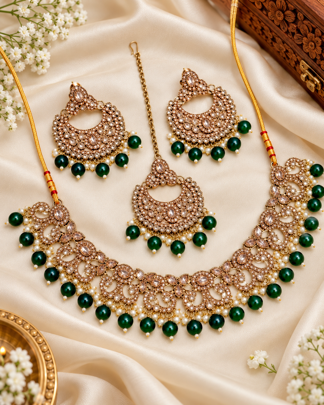 Antique Gold Cubic Zirconia Choker Set with Earrings & Maang Tikka
