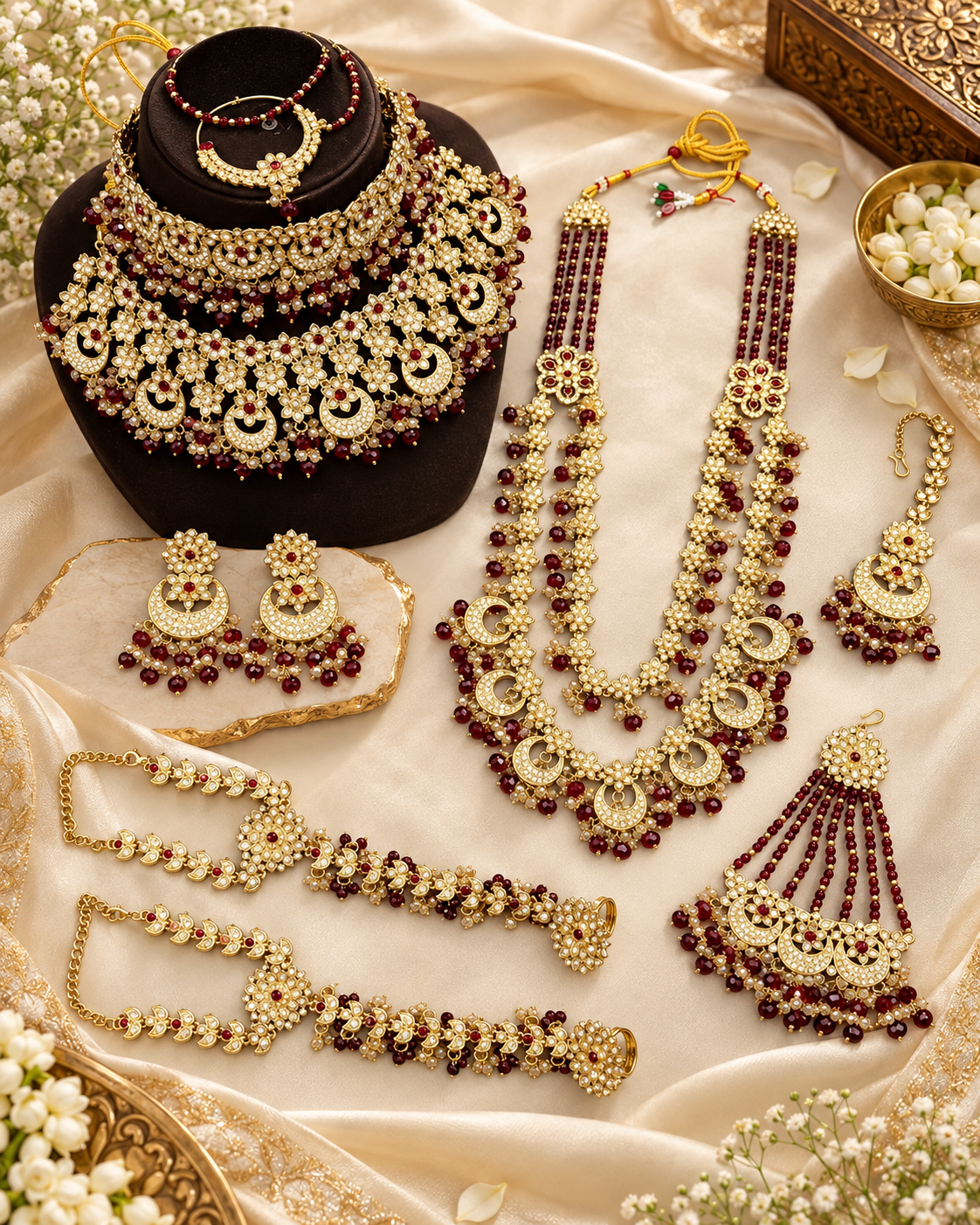 Heavy Maroon & Gold Full Handcrafted Wedding Bridal Jewelry Set