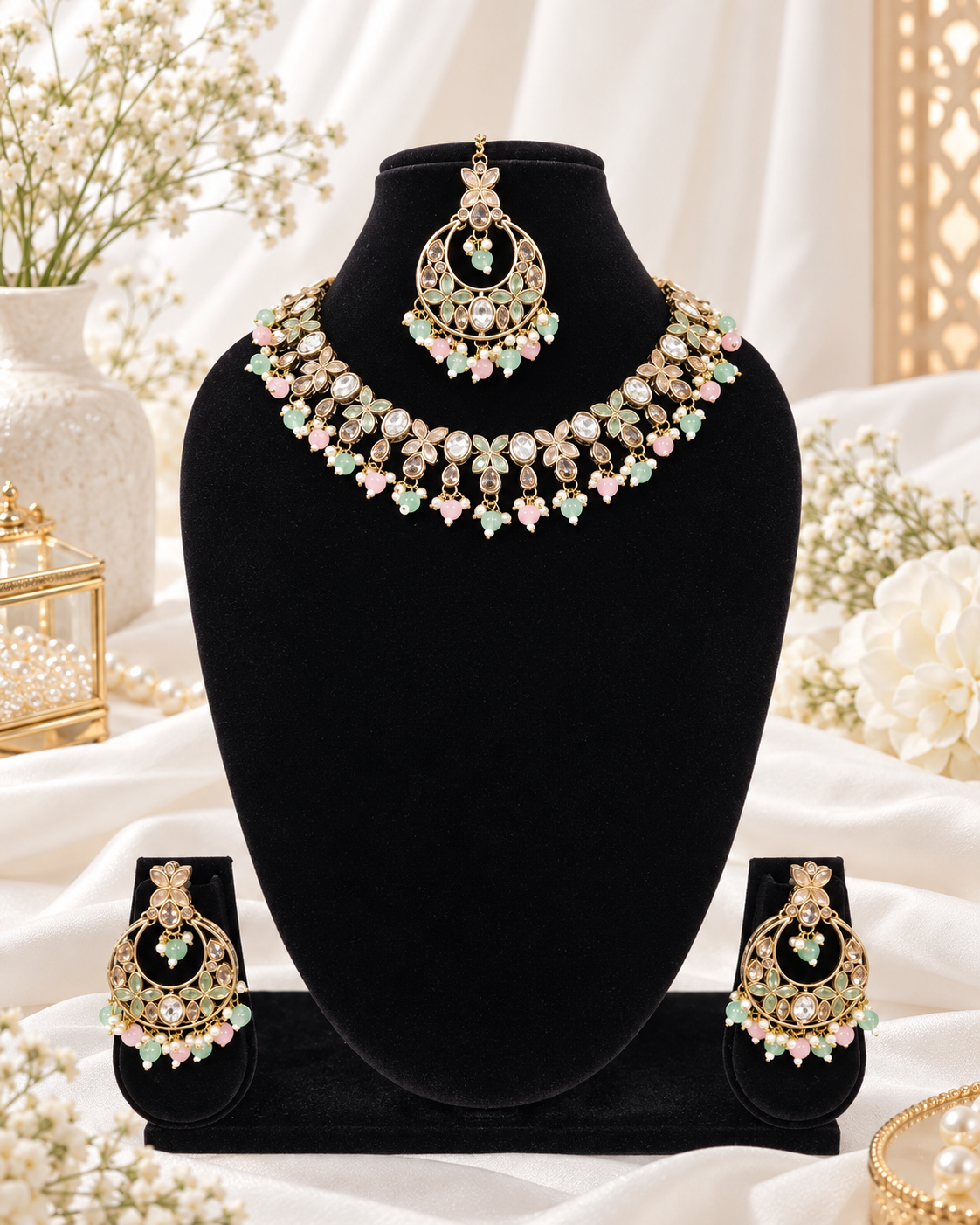 Handcrafted Floral  Antique Gold Plated Necklace Set For woman