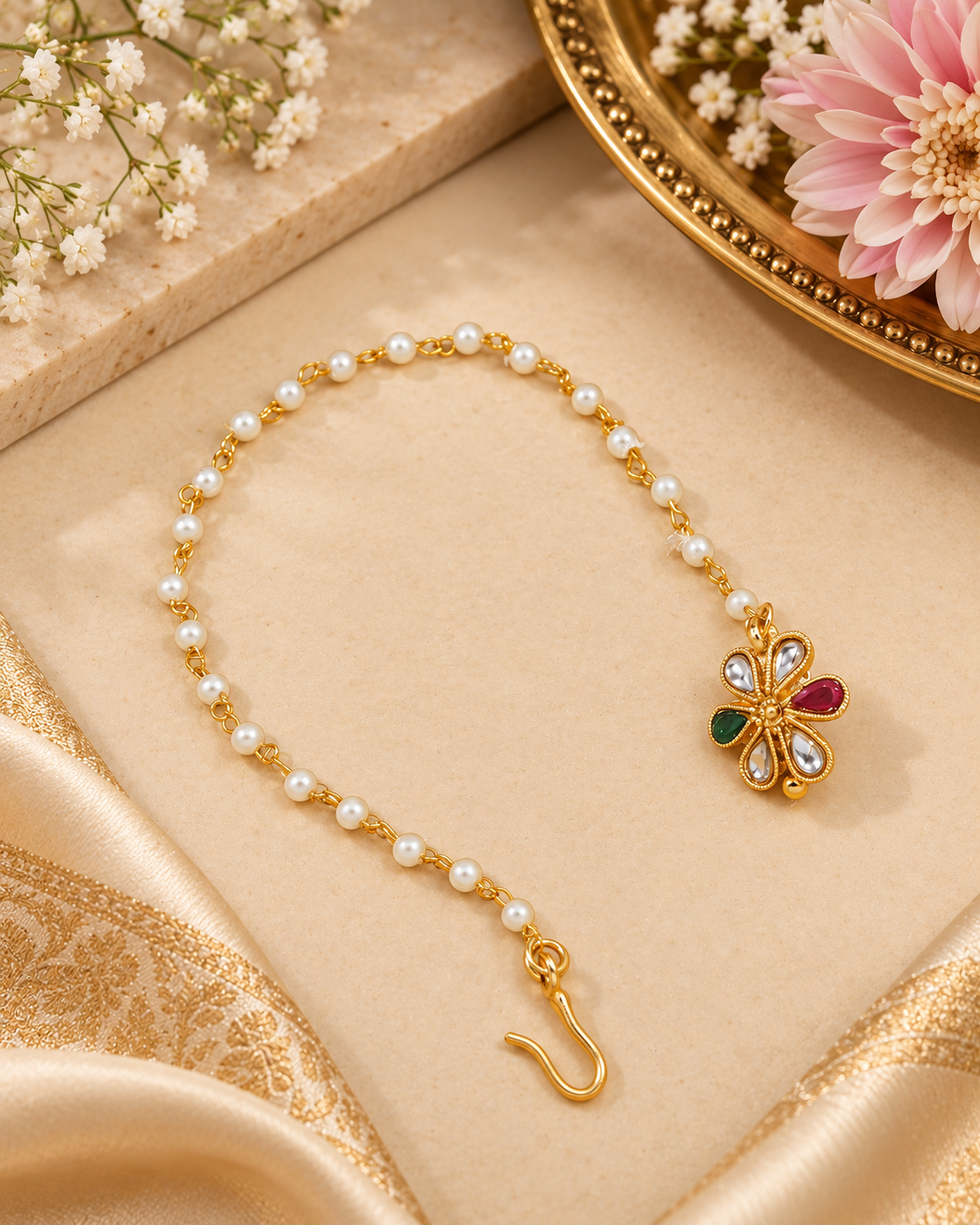 Traditional Gold-Plated Non-Pierced Nose Ring Nath With Pearl Chain For Woman
