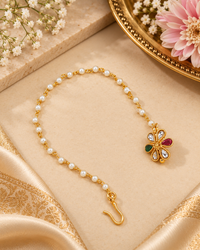 Traditional Gold-Plated Non-Pierced Nose Ring Nath With Pearl Chain For Woman
