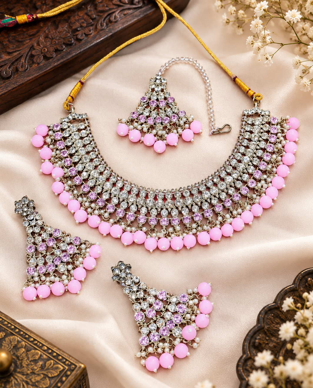 Elegant Pink Shimmering White Crystal Choker Set
