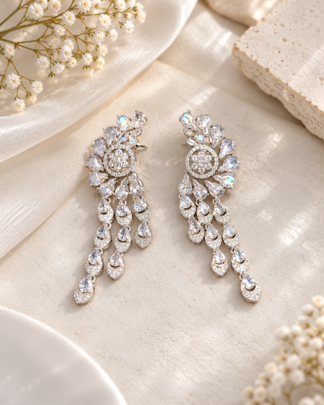 Dazzling White Zircon Winged Chandelier Earrings