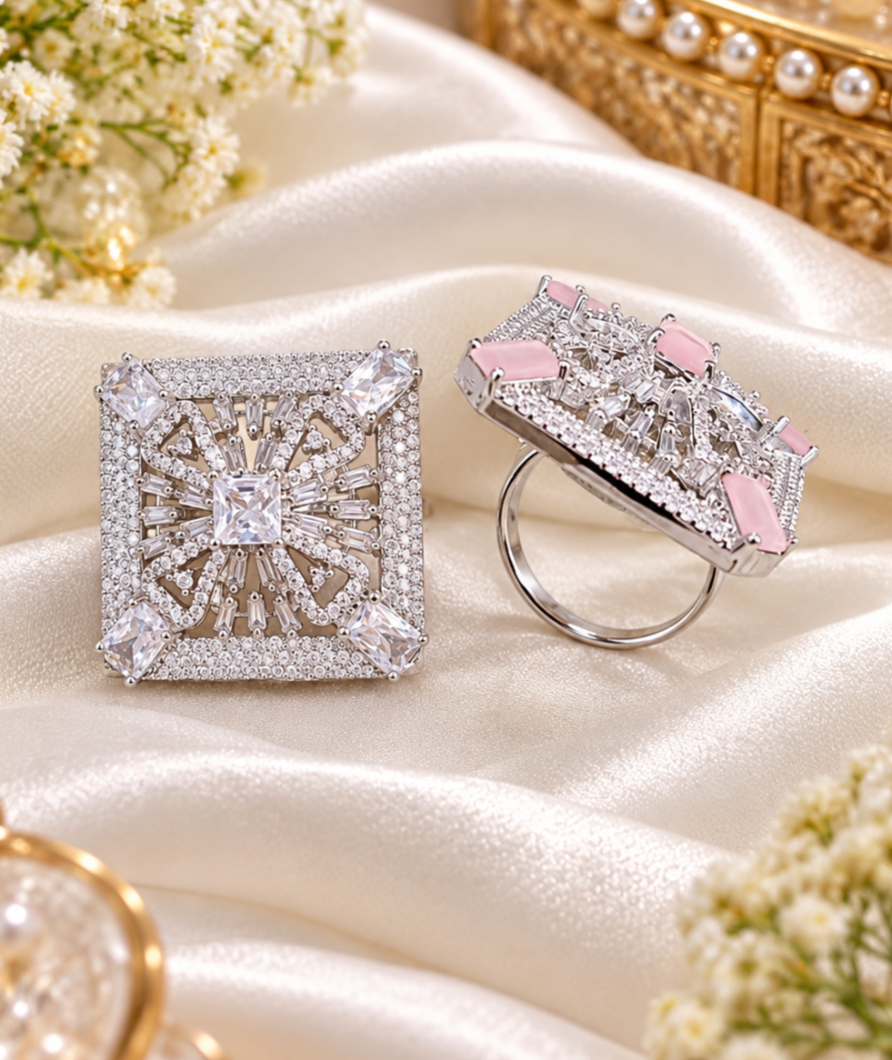 Sparkling Silver-Tone Square Party Ring