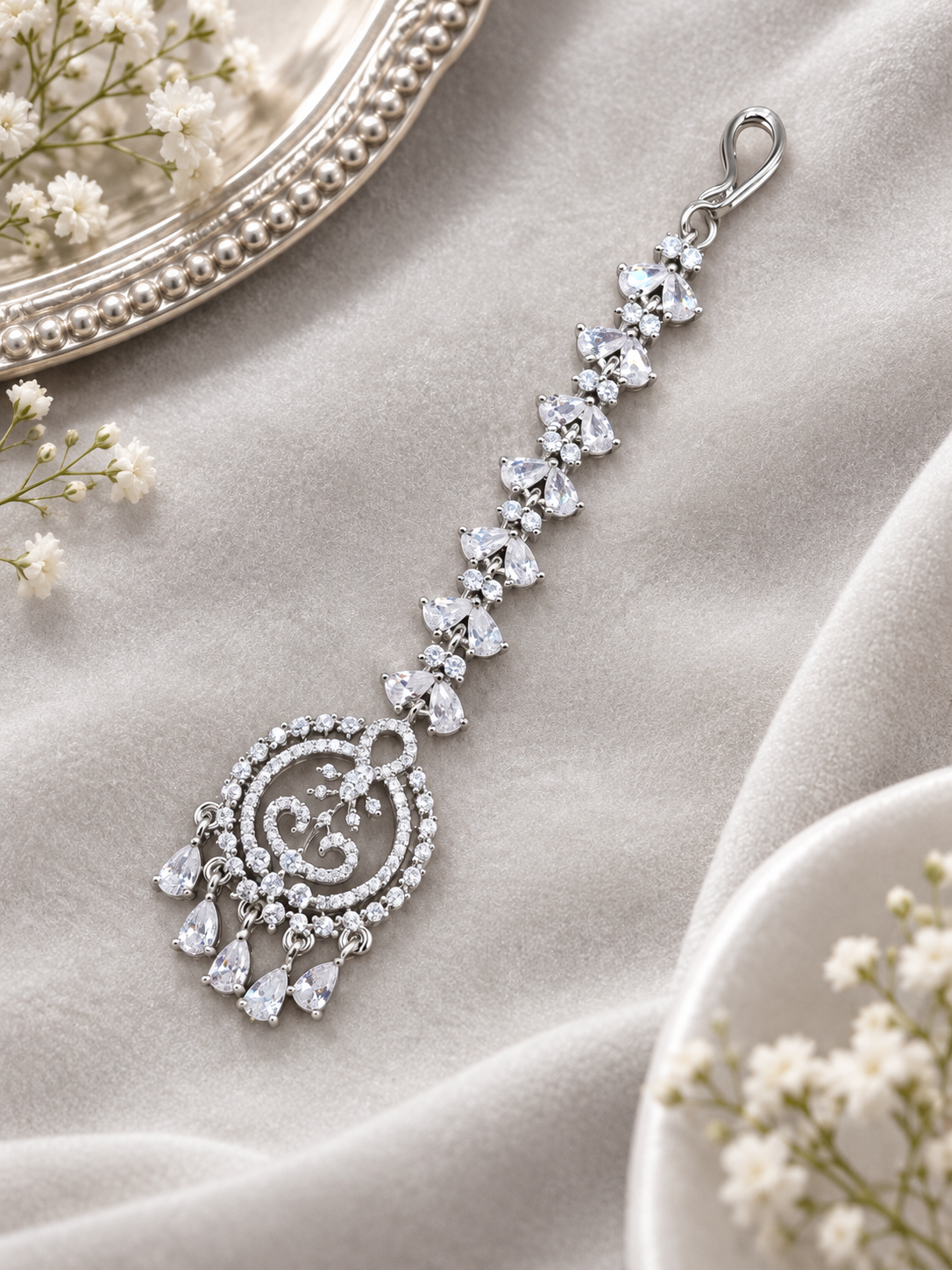 Elegant Silver-Plated AD Maang Tikka