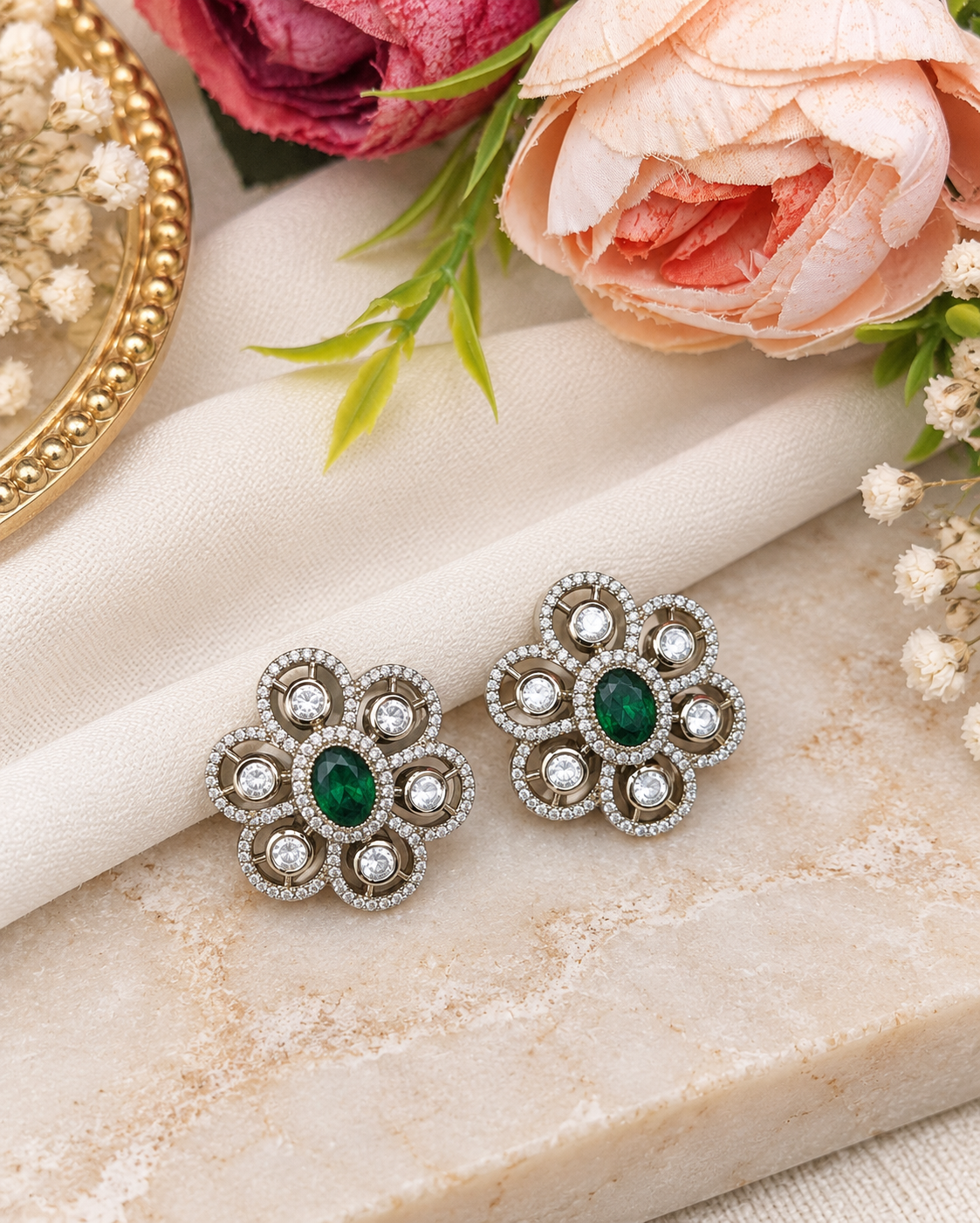 Floral Filigree Statement Stud Earrings with Pavé Accents