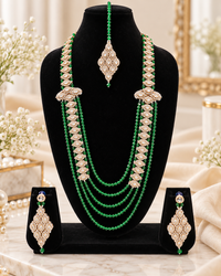 Multi-Layer Crystal Bead Long Mala Set with Floral CZ Motifs, Earrings & Maang Tikka