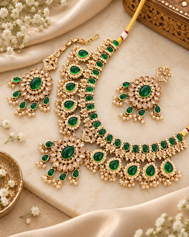 Heritage Pearl Cluster Drop Choker Necklace Set with Matching Studs & Tikka