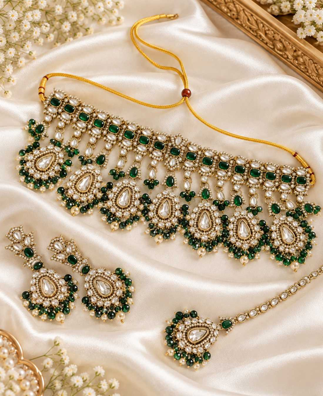 Antique Choker Necklace Set Pearl Drops Necklace Matching Earring & Maang Tikka For Women