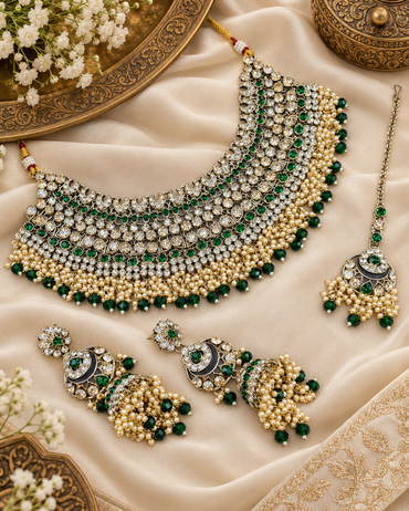 Bridal Rhinestone & Pearl Choker Necklace Set with Earrings & Maang Tikka