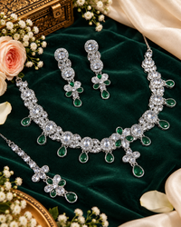 Floral Choker CZ Necklace Set with Maang Tikka & Earrings