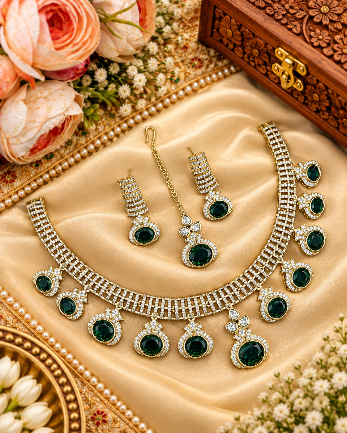 Modern Stone Choker Necklace Set with Matching Earrings & Maang Tikka