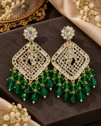 Square Emerald Green Crystal  Kundan Drop Earrings Gold Plated Jali Work Dangles