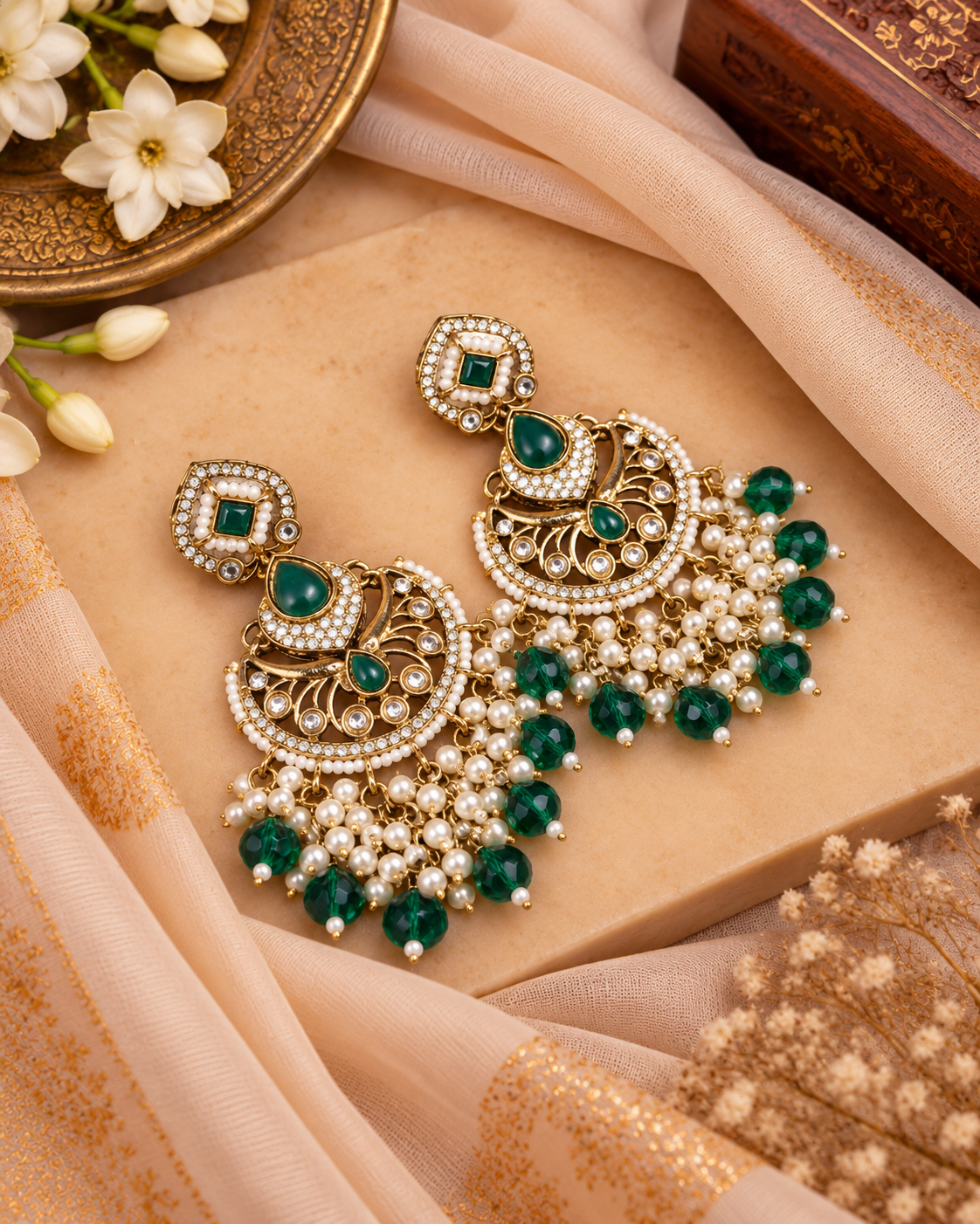 Statement Chandbali Earrings with Pearl & Bead Drops