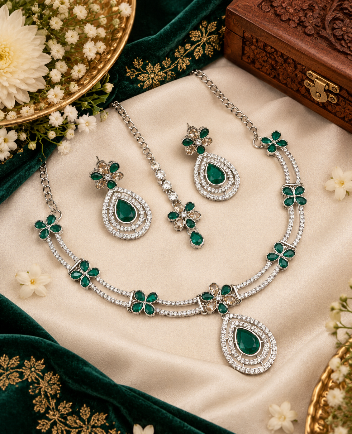 Crystal Teardrop Necklace Set with Matching Earrings & Maang Tikka