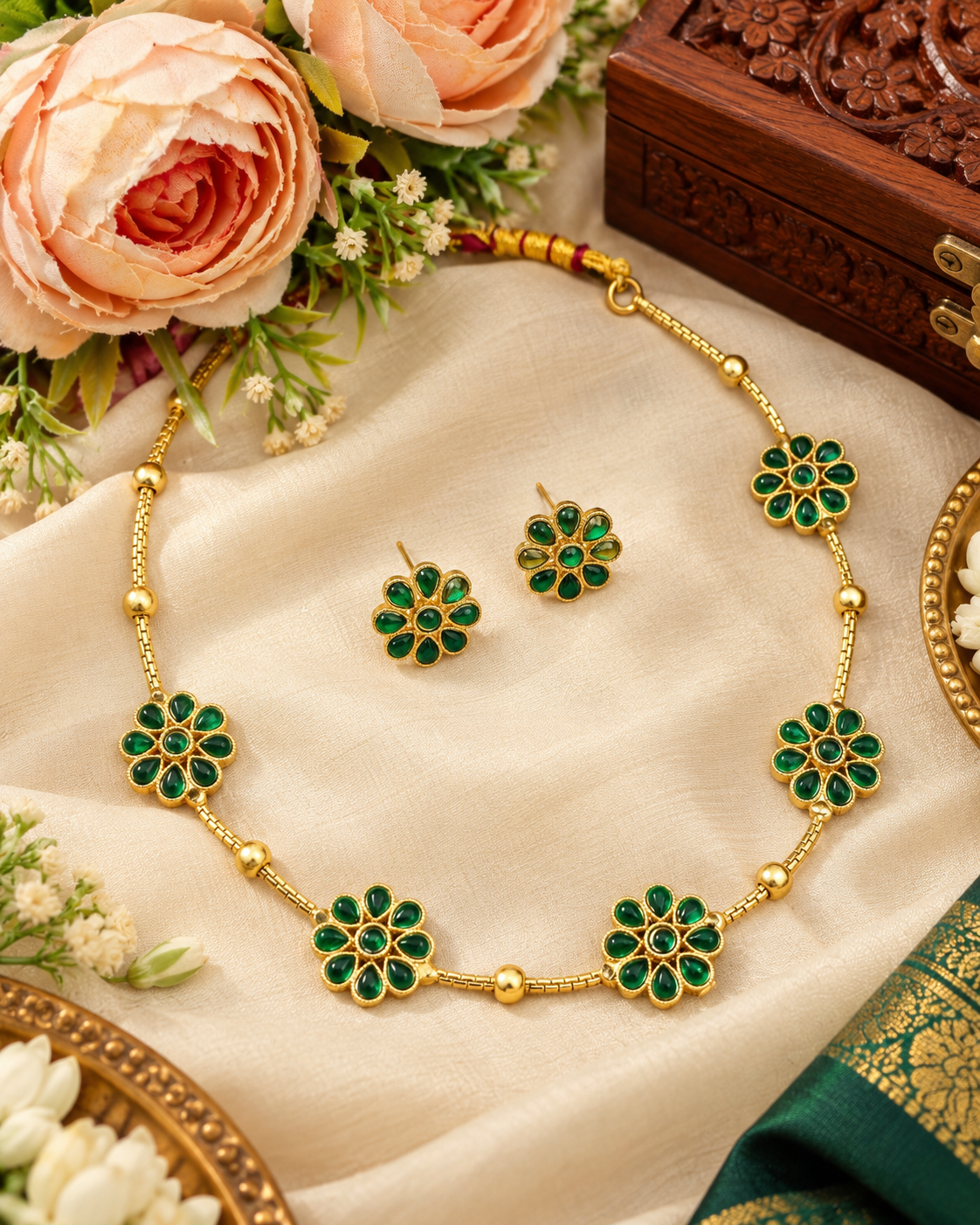 Minimalist Floral Stone Choker Necklace Set with Matching Earrings