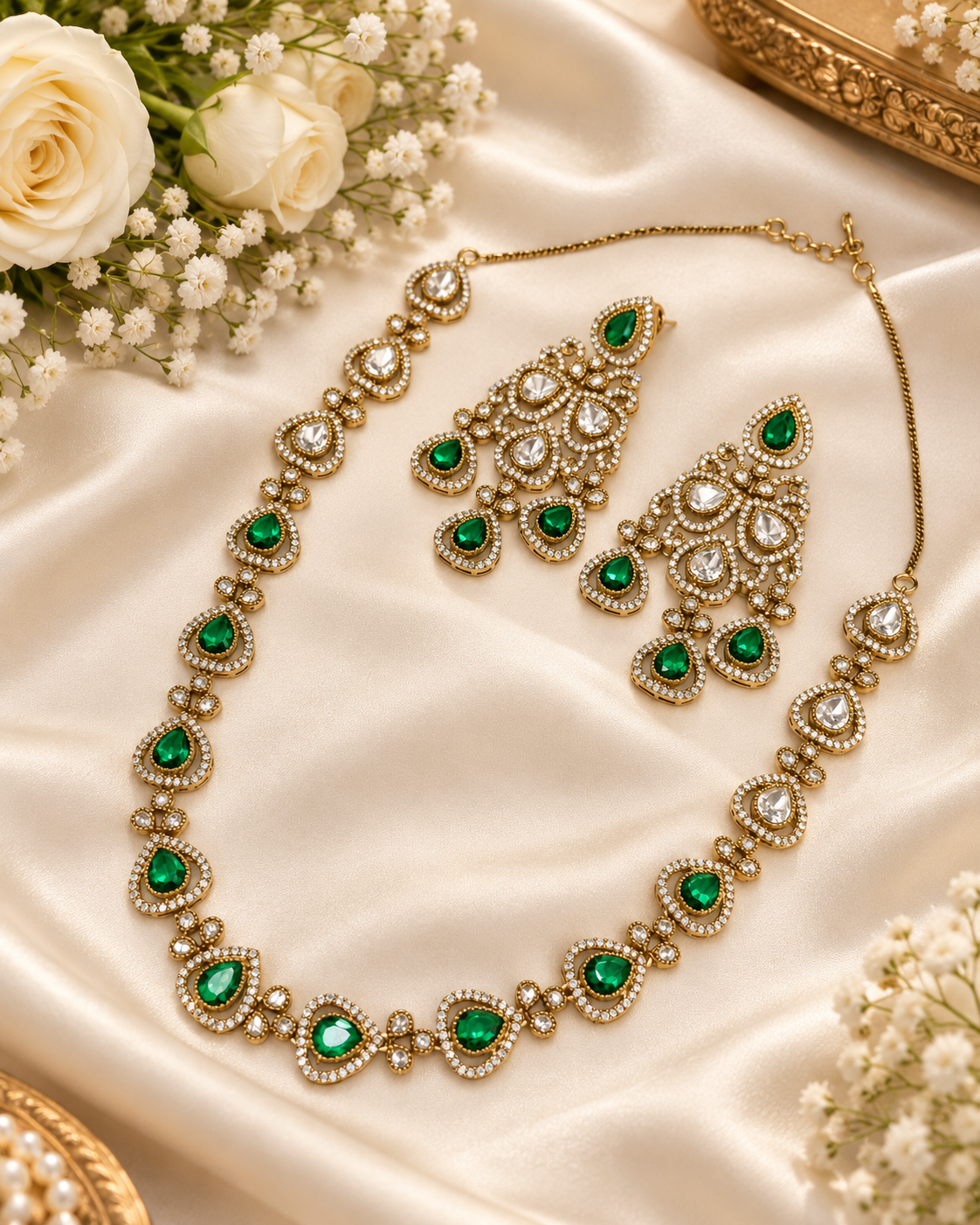 Delicate Heritage Kundan Necklace and Chandelier Earring Set