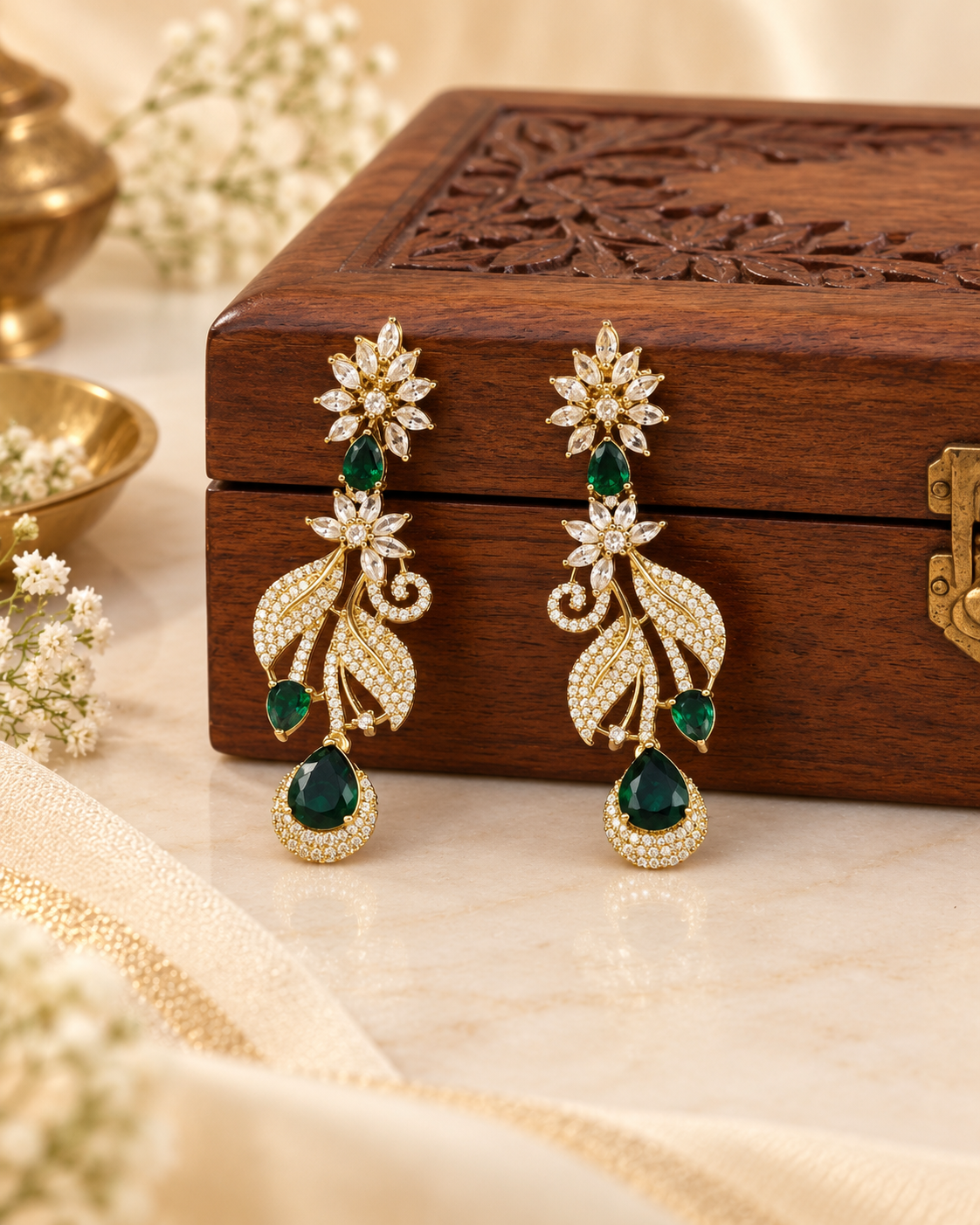 Emerald Green Floral Leaf Dangle Earrings