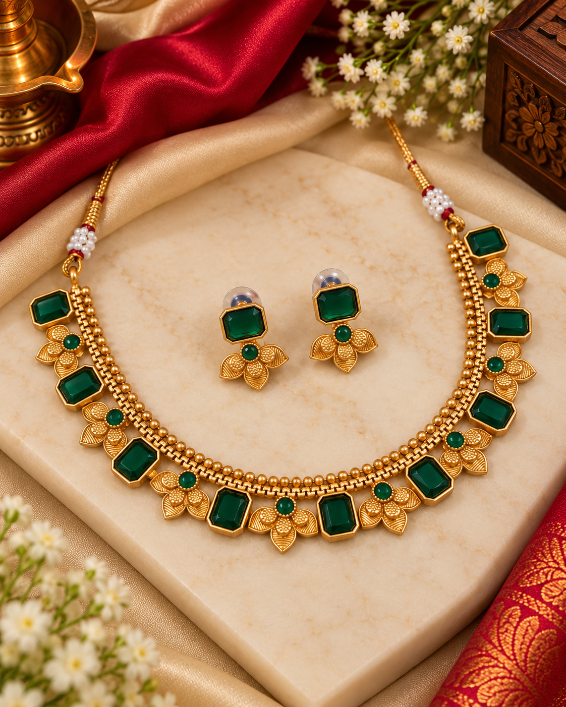 Ethnic Matte Gold Green Stone Choker Set