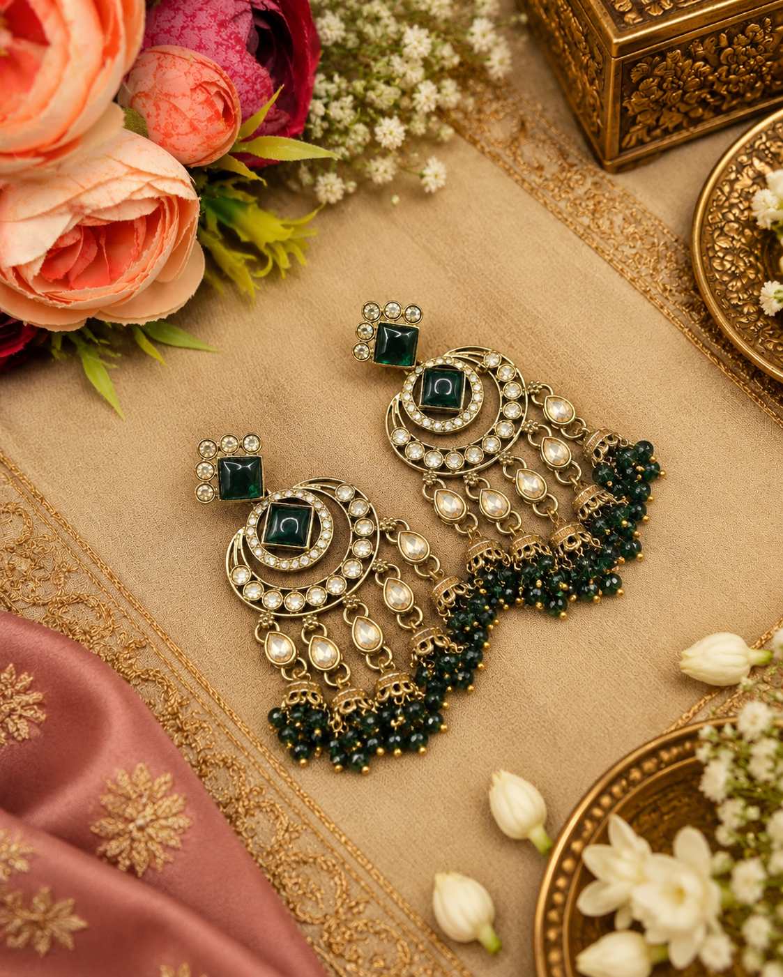 GEOMETRIC STONE-STUDDED CHANDBALI STATEMENT EARRINGS