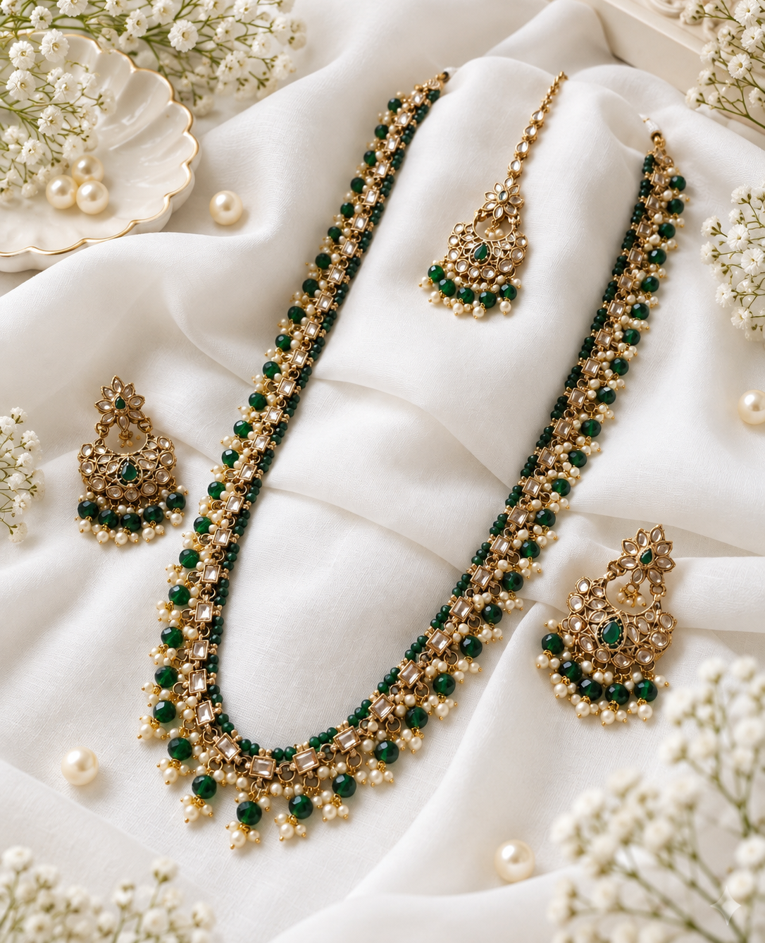 Champagne Stone & Pearl Beaded Long Necklace Set
