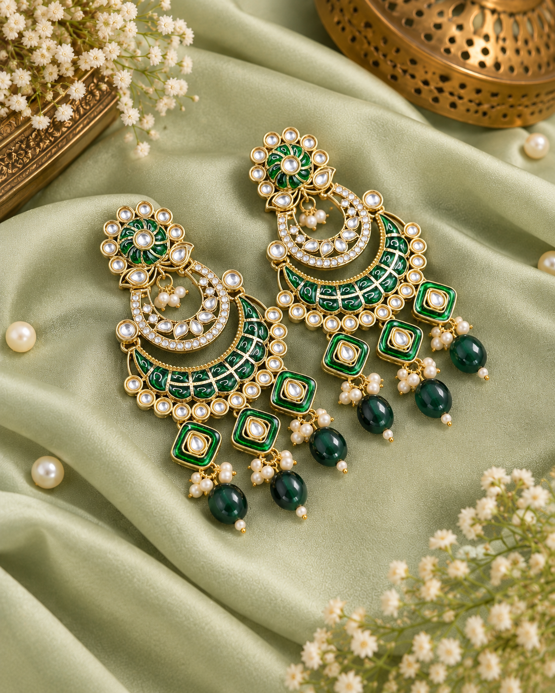 Royal Chandbali Statement Earrings with Meenakari & Pearl Drops
