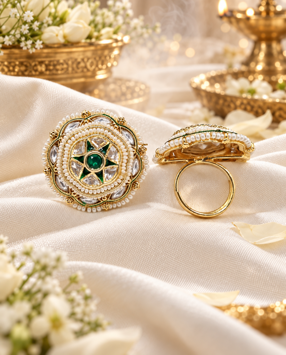 Star Motif Enamelwork & Pearl-Bead Statement Ring