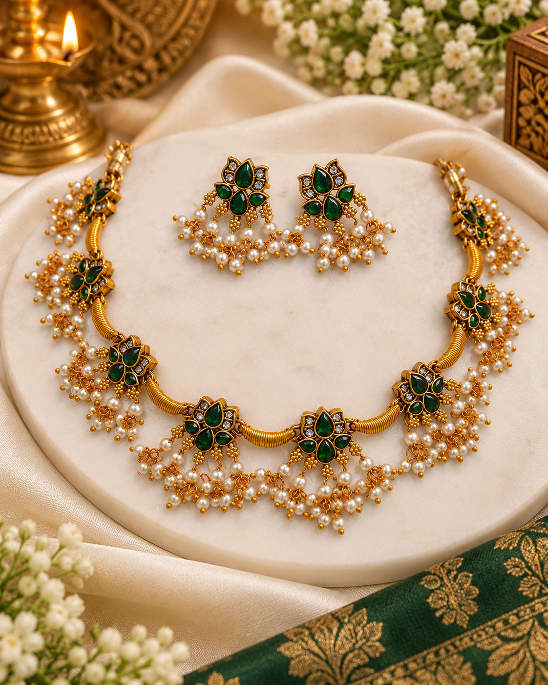 Floral Motif Temple Necklace with Pearl & Green Stone Choker & Earrings Set