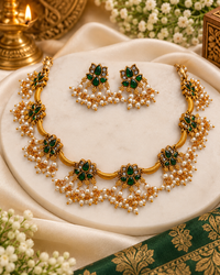 Floral Motif Temple Necklace with Pearl & Green Stone Choker & Earrings Set