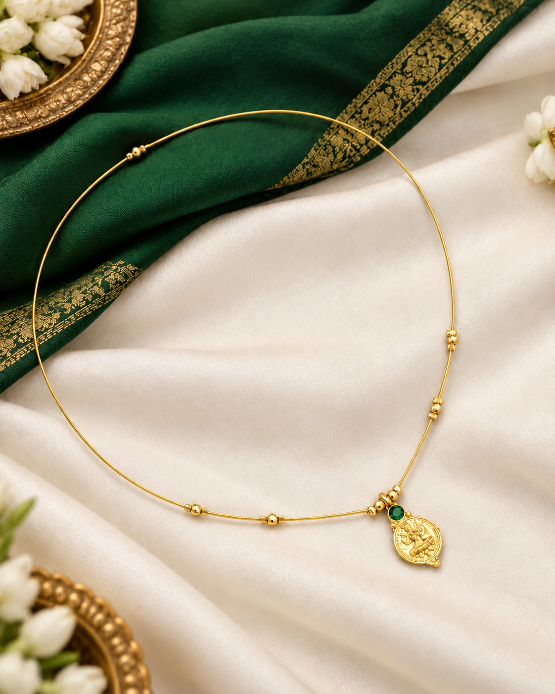 Invisible Wire Lakshmi Coin Pendant Necklace with Gold Bead Accents