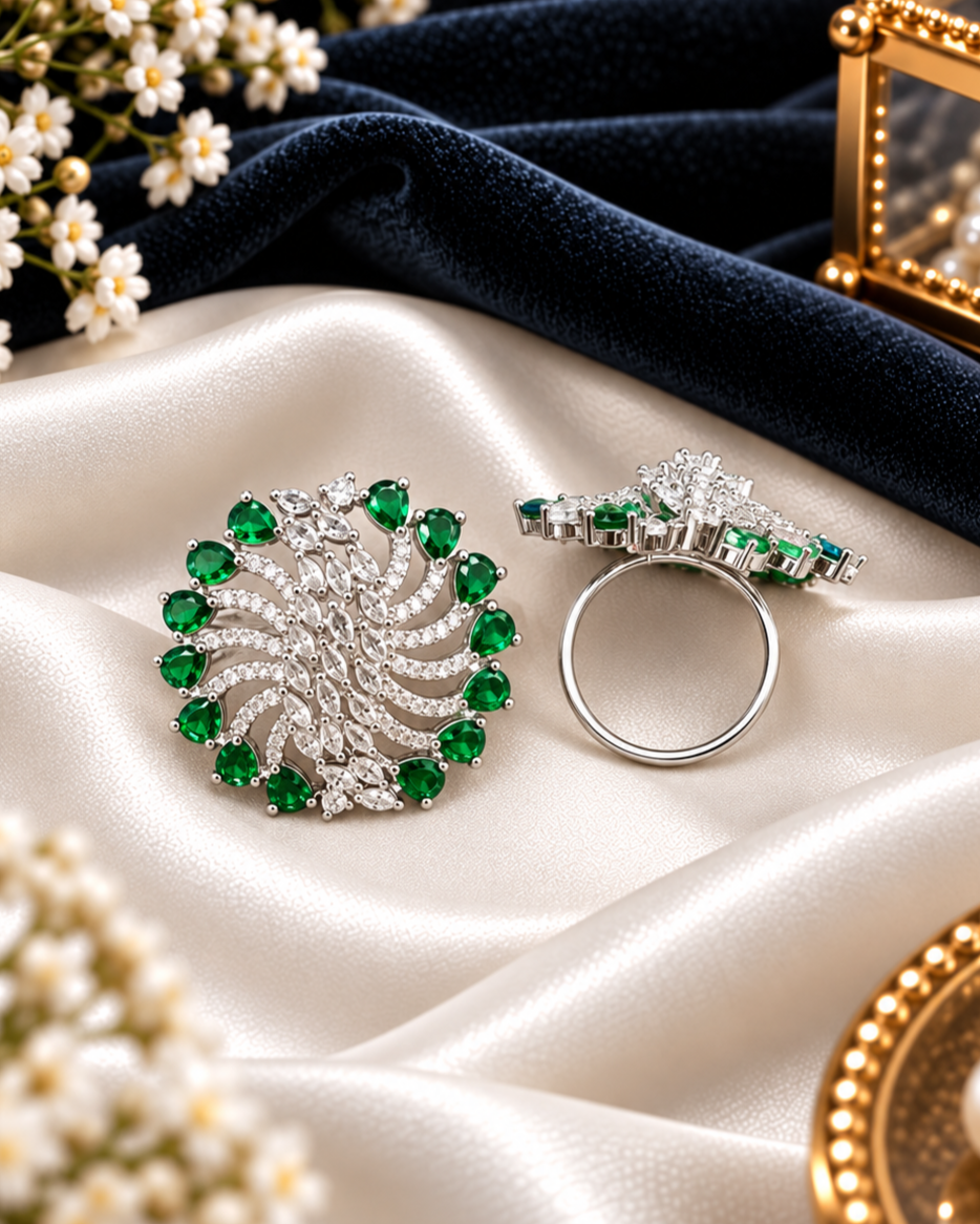 Art Deco Inspired Emerald Green Crystal Sunburst Ring