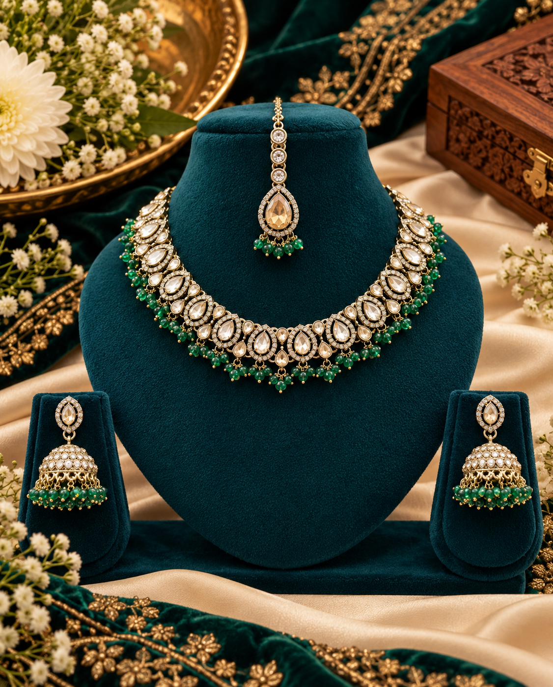 Zricon Dual-Row Collar Necklace Set with Jhumkas & Maang Tikka