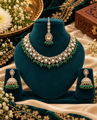Zricon Dual-Row Collar Necklace Set with Jhumkas & Maang Tikka