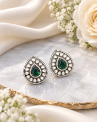 Teardrop Halo Stud Earrings with Polki-Style Accents