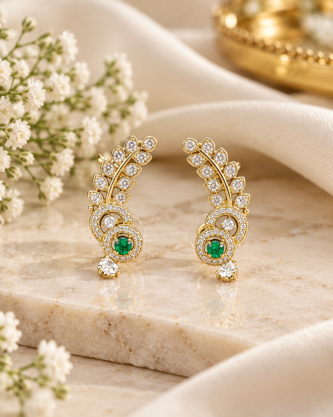 Sparkling White Zircon Leaf Ear Climber Earrings