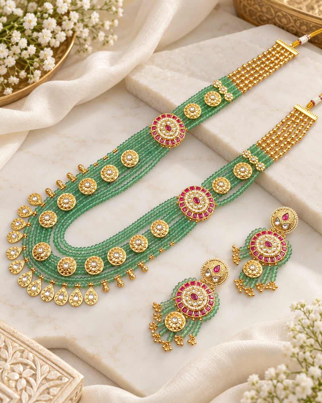 Elegant Kundan Long Necklace Set with Earrings For Woman & Girls