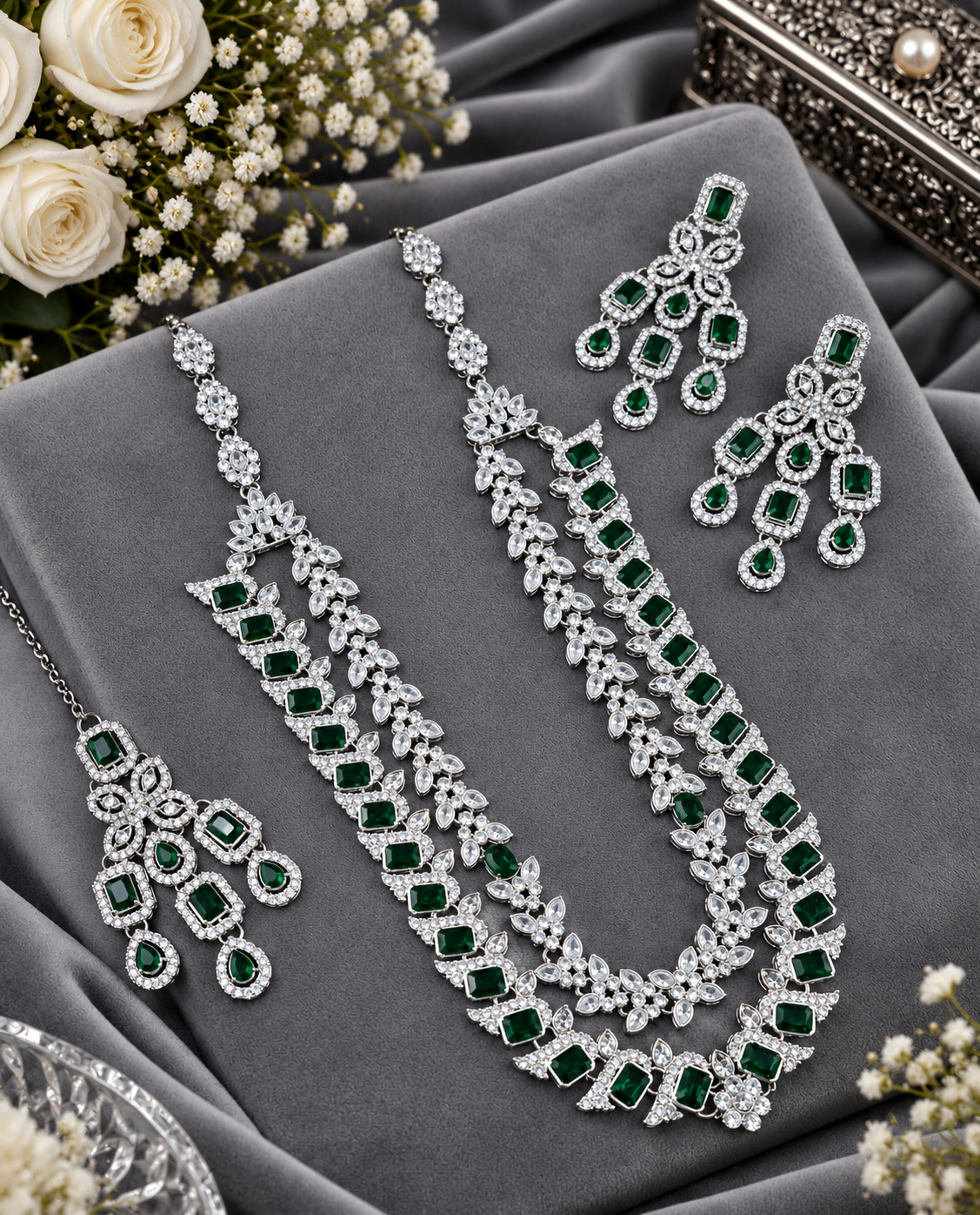 Double-Layer Necklace Set with Earrings and Maang Tikka