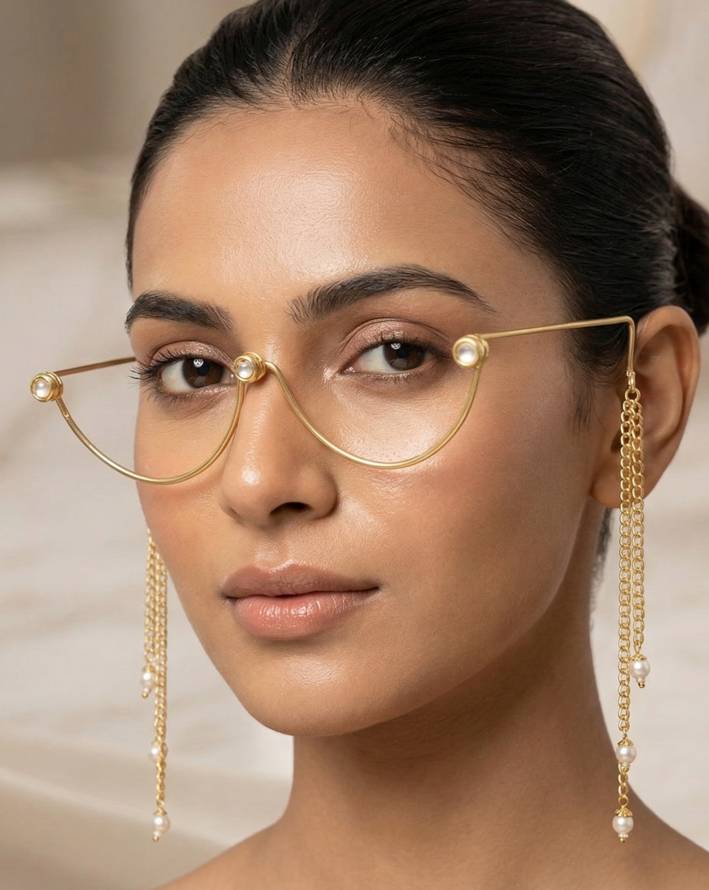 Handcrafted Gold Finish Facelate Jewelry with Integrated Pearl Chain Drops